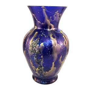 Handcrafted Cobalt Blue Gathering Vase With Gold Drip Design & Textured Finish